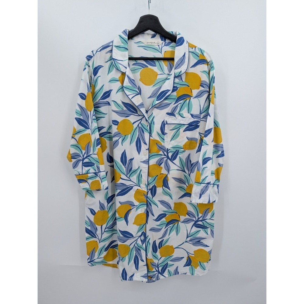 Print Fresh Lemon Zest Org Cotton Button Up Long Sleep Shirt Size M Light